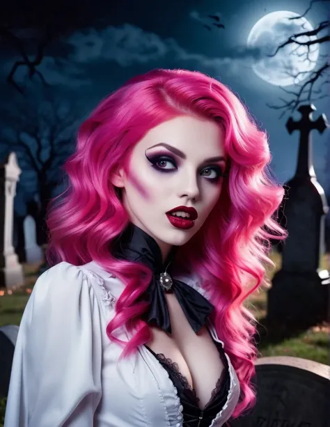 Very attractive 2 with wavy bright pink hair, dressed as a vampire, 2 bite marks on neck, spooky graveyard as background, at night with full moon, photo quality