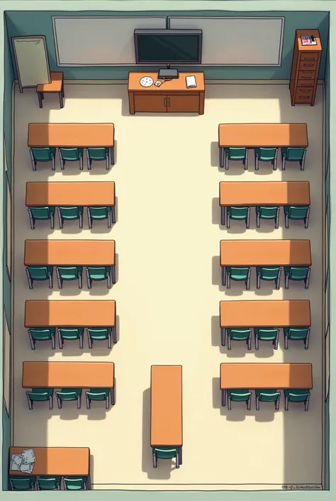 Make me a design seating arrangement where we have 5 rows which has 10 seats and are divided by the middle of the room so the right side has 5 rows with 5 seats per row and so as the left side, and in front, in the middle is the teachers table and behind i...