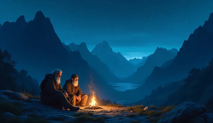 Night Camp in the Mountains**: The sage and Ashvak resting by a small campfire under the starry night sky, with the mountains looming dark and mysterious around them