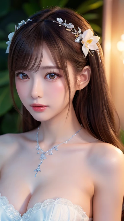 ((Highest quality)),(Ultra-high resolution),(Very detailed),(Detailed Description),((The best CG)),(masterpiece),Very detailedなアート、Small breasts、White dress、hair ornaments、Tying up hair、Glitter Necklace、Ultimate Beauty 1.5、(((1.5)))、