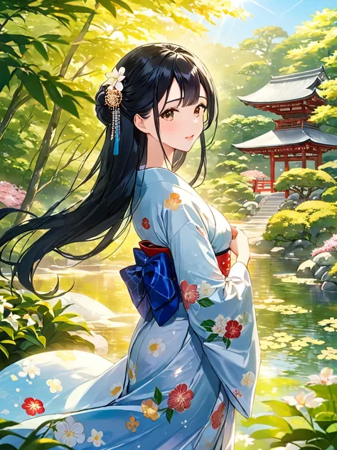 masterpiece, highest quality, one woman,日本のprincess,princess,long, beautiful black hair,shiny hair,hime cut,kimono,花柄のkimono,水色の...