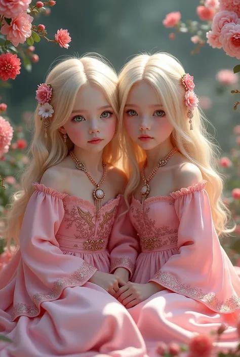 Boy twins , ((( pink dress))), flowers, jewelry, long sleeves, wide sleeves, chinese clothes, hanfu, embroidery, long skirt, long flowing blond hair, detailed face, detailed beautiful eyes, (intricate:1.3), (arcane aura:1.2), (dreamlike:1.3), (subtle mist:...