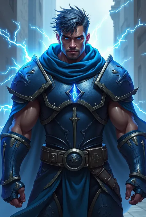 A muscular man in his thirties, with dark, messy hair streaked with silver, and electric blue eyes. He wears dark steel armor with lightning motifs., and a cloak that crackles with static electricity. His expression is intense and energetic, always ready f...