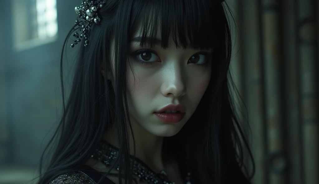 (best quality, 8k, highres, photorealistic:2.0), (solo, one girl:2.0), A highly detailed photorealistic image, half-body, a close up of a beautiful japanese woman, (long hair with bangs), dreamy gothic girl, gothic make-up, dark eye makeup, (big beady eyes...