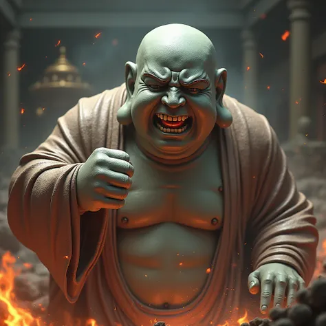 The Buddha statue is swinging its fist in anger, trying to hit someone to death.