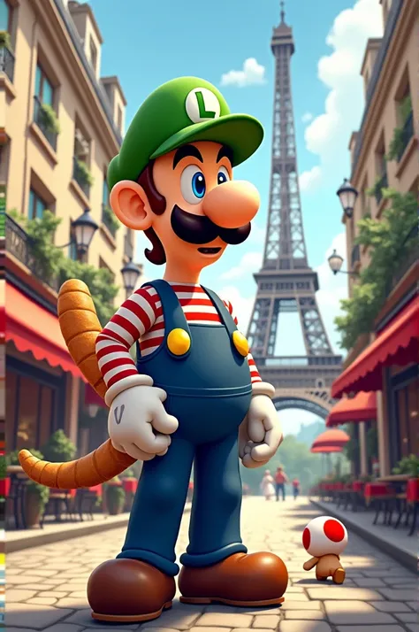 Luigi from super Mario, stereotyped french, in Paris