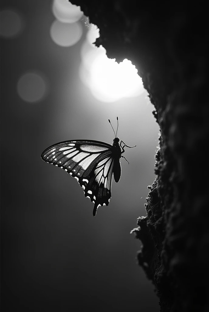 The butterfly breaks out of its cocoon and flies towards the light, shown in a stunning, high-contrast black and white photograph, emphasizing the dramatic transformation and powerful wings.