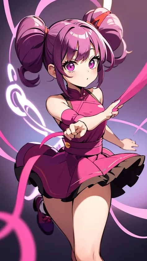 pucca buns, pigtails, pink & purple hair, pink hair, purple hair, red ribbon, big ribbon, pink dress, magic wand, 1 girl, solo