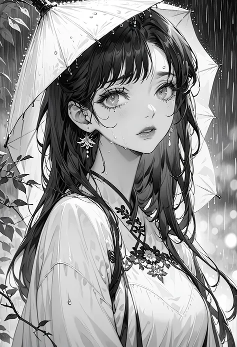 (Highest quality,Very detailed,High resolution:1.2),Beautiful girl crying in the rain，Dilated grey eyes，very_Long eyelashes, Detailed lips, Cool look, Soft Skin, ,Exquisite makeup,monochrome