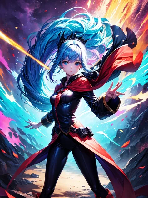 Highest quality、Brightly colored splash art、The shadow of a standing girl&#39;s back、Detailed female facial expressions、Stars around the woman々、Stardust、Dazzling、Vivid and colorful clouds、Backlight、polarized light、Highly detailed and colorful、Fantasy、Fanta...