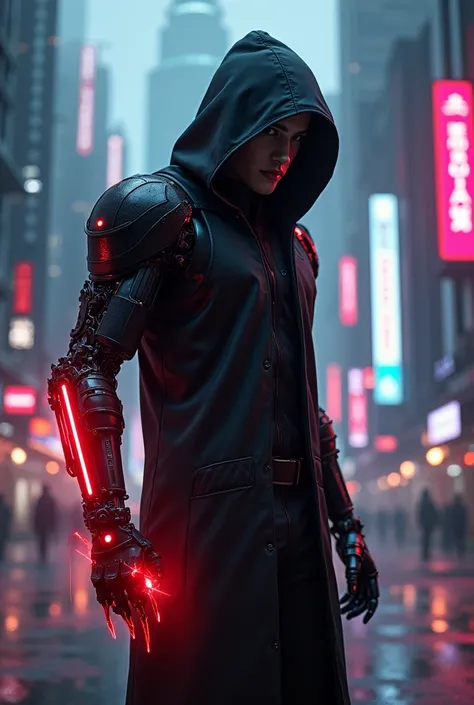 a hooded man,black hoodie,standing in a futuristic city,malaysia, futuristic cyberpunk landscape,neon lights,science fiction,cinematic,dramatic lighting,moody atmosphere,detailed face,intricate costume design,hyper detailed,8k,photorealistic,unreal engine,...