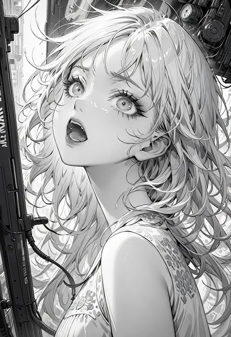 (Highest quality,Very detailed,High resolution:1.2),Beautiful girl screaming in the electronics district，Dilated grey eyes，very_Long eyelashes, Detailed lips, Cool look, Soft Skin, ,Exquisite makeup,monochrome