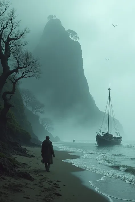 The fishing boat arrived at a mysterious island in the mist.