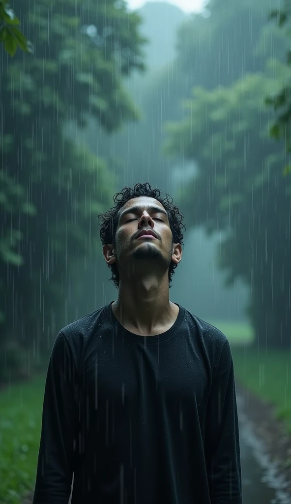 A person standing in a storm, rain pouring down and wind blowing fiercely. Despite the chaotic weather, the person remains calm and composed, eyes closed, with a serene expression on their face. This contrast between the inner tranquility and the external ...