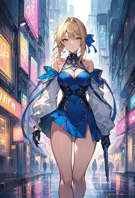 score_9, score_8_up, score_7_up, score_6_up, rating_safe, source_anime, BREAK Stylistic image of Artoria Pendragon (blonde, braid, ribbon, hair ribbon:1.2), sexy smirk, BREAK tight blue halter skirt, high heels, choker:1.3), BREAK walking in downtown Tokyo...