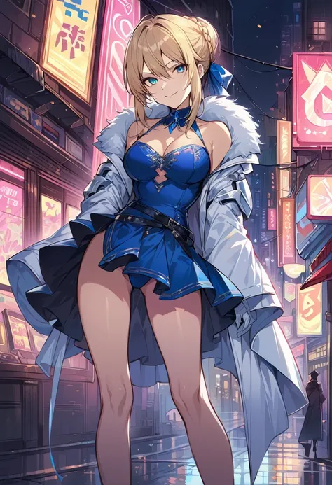 score_9, score_8_up, score_7_up, score_6_up, rating_safe, source_anime, BREAK Stylistic image of Artoria Pendragon (blonde, braid, ribbon, hair ribbon:1.2), sexy smirk, BREAK tight blue halter skirt, high heels, choker:1.3), BREAK walking in downtown Tokyo...