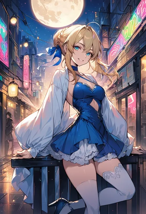 score_9, score_8_up, score_7_up, score_6_up, rating_safe, source_anime, BREAK Stylistic image of Artoria Pendragon (blonde, braid, ribbon, hair ribbon:1.2), sexy smirk, BREAK tight blue halter skirt, high heels, choker:1.3), BREAK walking in downtown Tokyo...