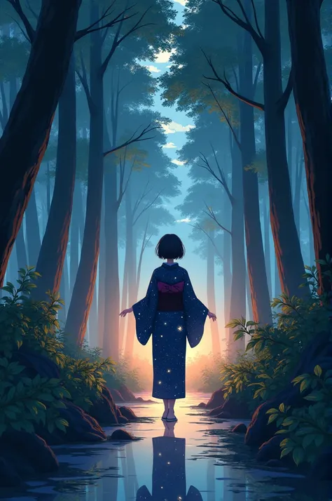 Digital illustration featuring a serene forest scene at dusk. The layout is vertical, with tall trees framing the composition. The subject is a person with short, dark hair, wearing a traditional Japanese kimono adorned with a starry night sky pattern. The...