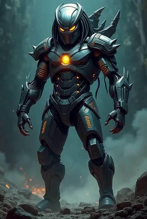 a highly detailed illustration of an ironman suit with predator and alien elements, cinematic lighting, dramatic pose, metallic textures, glowing energy effects, comic book art style, dark moody color palette, cinematic composition