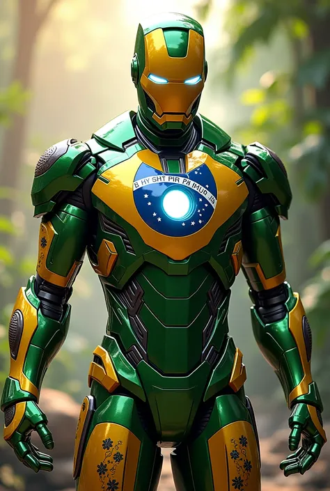 "Design Iron Man inspired by Brazil. His armor should be vibrant and colorful, featuring the green, yellow, and blue of the Brazilian flag. Include elements that reflect Brazilian culture, such as dynamic patterns or tropical motifs, and a lively, energeti...