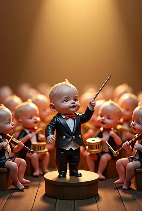 A newborn baby dressed as a real orchestra conductor, and behind him are newborn babies playing flutes, violins and drums, just like in real life. 