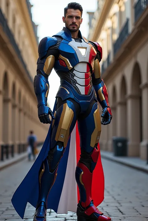 Imagine Iron Man as France, with armor that embodies French elegance and sophistication. Incorporate the blue, white, and red of the French flag, with a sleek, stylish design that suggests high fashion and advanced technology. Add subtle artistic details t...