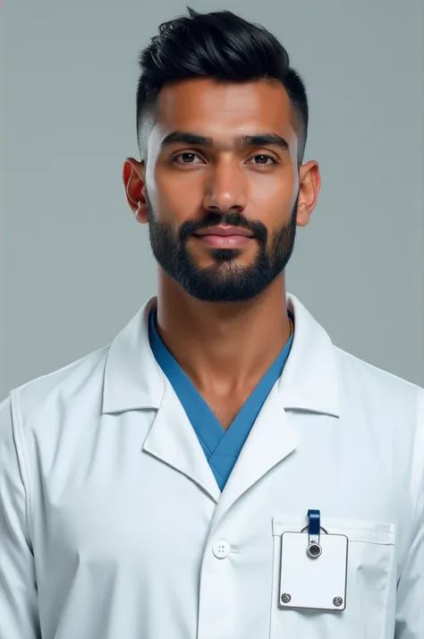 Nurse in white coat with the name Daniel, black hair and short beard