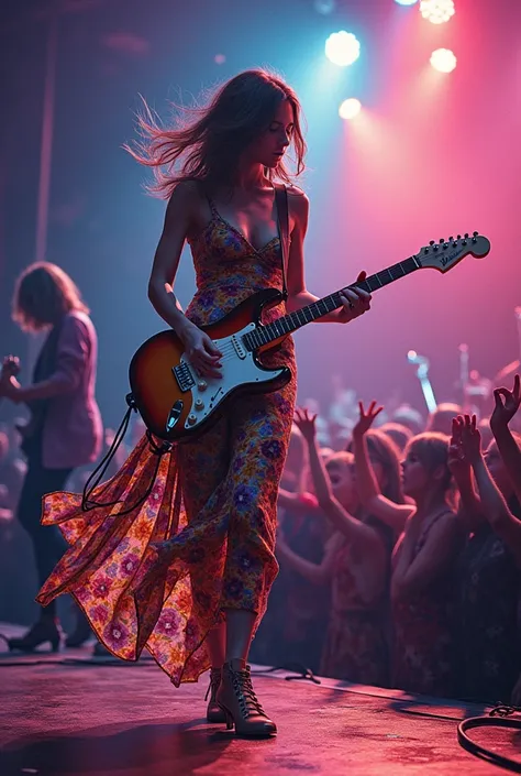 awesome beautiful nerdy young woman playing guitar in a punk concert  wearing a Stunning  colorful geometric floral pattern dress in acuarela style, beautiful, incredible realistic forms and textures. Excessive detailed,, best quality, 12k, hdr+, accurate ...