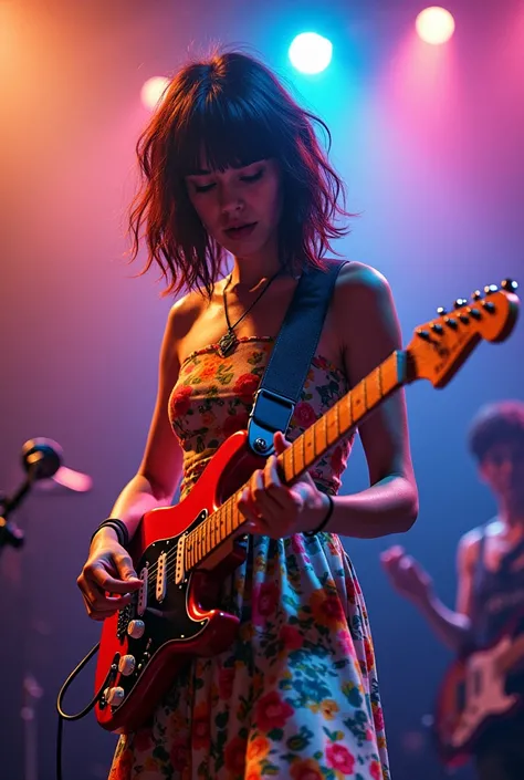 awesome beautiful nerdy young woman playing guitar in a punk concert  wearing a Stunning  colorful geometric floral pattern dress in acuarela style, beautiful, incredible realistic forms and textures. Excessive detailed,, best quality, 12k, hdr+, accurate ...