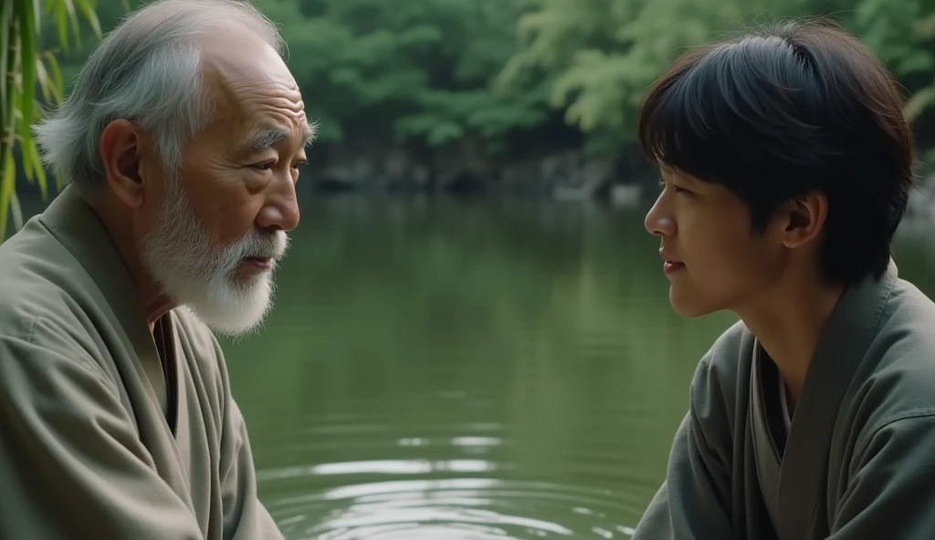 Close-up of Master Koji speaking to Hiro as the ripples in the pond begin to calm down, returning the water to stillness. Hiro listens intently, his expression beginning to soften.
: Show a close-up of an old Zen master speaking to a young man by a pond. T...