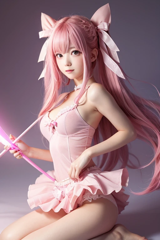 Girl with pink hair, , ゴージャスなMagical girlの衣装, Pink Eyes, Well-formed face, Pink dress with ribbons and frills, I have a magic wand in my hand, The tip of the wand is a glowing pink heart., Designed to look like a bow and arrow, Magical girl, Panty shot, A ...