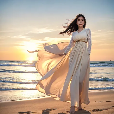 (masterpiece, best quality:1.2, 8k RAW photo, 1girl, solo, natural soft lighting), on the beach, enjoying sunset, wind flows, wearing beautiful goddess clothes, there is an UFO behind