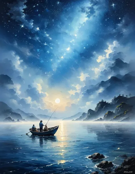 

               ( Perfect anatomical structure )  There is a small boat on the sea，A man is fishing. Thick fog pervades. Dreamy mist painting. Night fishing. Deep blue ocean water. Starry Sky. The moonlight left a faint starlight on the sea.(Brilliant sta...