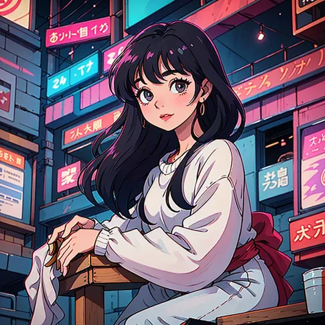 A young Japanese beauty sips beer from a beer jockey in an 80s anime-inspired setting. She sits on a wooden stool, surrounded by neon-lit cityscapes at dusk. The beer jockey is held elegantly between her fingers, with a subtle smile playing on her lips. He...