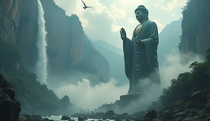 A zoom out shoot of gigantic old Budda statue in mountain wall, between waterfall, surrounded by cloud, scenery landscape, light flare from the sun, crane flying, cinematic lighting