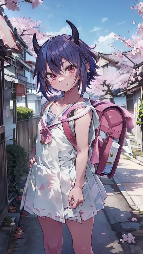 masterpiece, Highest quality, High resolution, Very detailed,(((Mikoto Naruka))), (((smile)))、(((Standing in the distance))), (((Carrying a school bag。))), (((Sidewalk))), (((cherry blossoms))), (((Multicolored Hair))), (((horn))), (((Pink Eyes)))