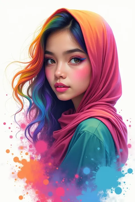 (Masterpiece, Best Quality, High Resolution), White Background, ((Paint Splash, Color Splash, Splash of Ink, Color Splash)), Sweet indonesian Girl hijab, Rainbow Hair, Pink Lips, Front, Upper Body, hijab