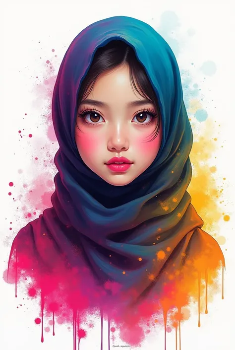 (Masterpiece, Best Quality, High Resolution), White Background, ((Paint Splash, Color Splash, Splash of Ink, Color Splash)), Sweet indonesian Girl hijab, Rainbow Hair, Pink Lips, Front, Upper Body, hijab