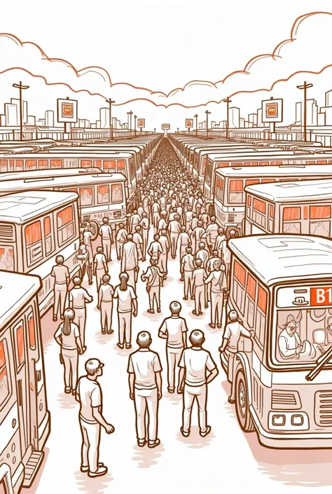  line Illustration with some orange colour for presentation file- : A crowded bus stand of nepal  with disorganized buses and  over crowded passengers looking confused.