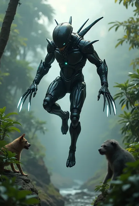 A a highly detailed 8k digital painting of a futuristic cyborg alien humanoid with a robotic iron man black exoskeleton. Dog, monkey. Elephant, fish, wet body, robocop style body, long mechanical arms, and blade-like arm wolverine. attachments, hyper reali...