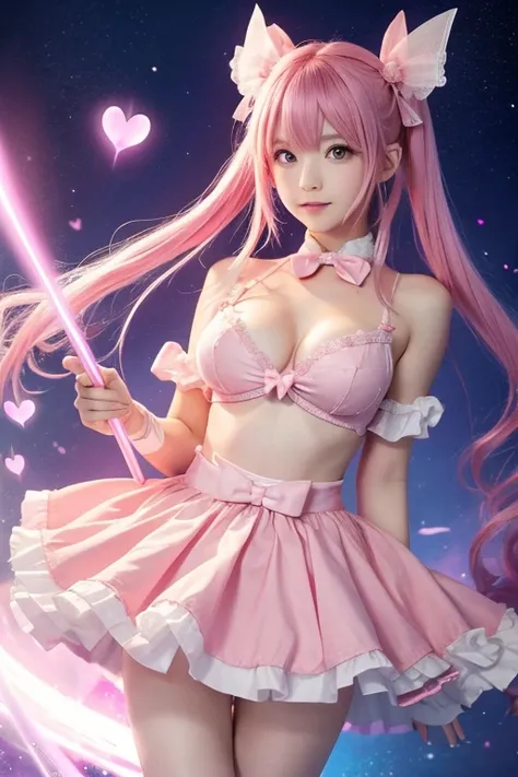 High resolution, 4K,Girl with pink hair, Small breasts, ゴージャスなMagical girlの衣装, Pink Eyes, Well-formed face, Pink dress with ribbons and frills, I have a magic wand in my hand, The tip of the wand is a glowing pink heart., Designed to look like a bow and ar...