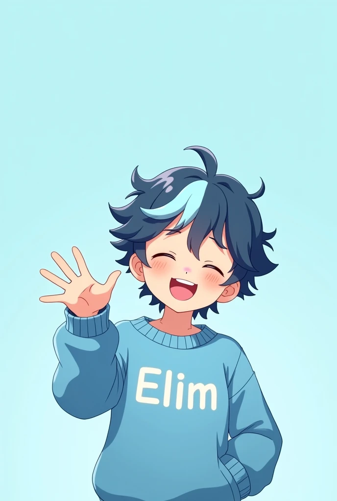 Make me a boy who looks like in anime, he has curly hair and in front is a light blue streak, the background is also light blue and he smiles with his eyes closed and waves, the background should also be light blue and he has a light blue sweater with ELIM...