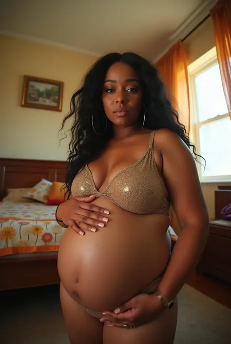 Your POV view when you have a stepmother Cardi B with a plus size body who is pregnant with her big belly while at home. fisheye camera view, iphone camera style. HD, realface, cinematic