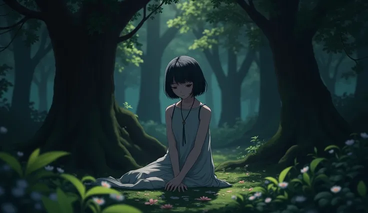 a girl with black short hair, sitting in an enchanted forest, In the style of Makoto Shinkai。master piece, ultra detail, precision, ultra-realistic,
