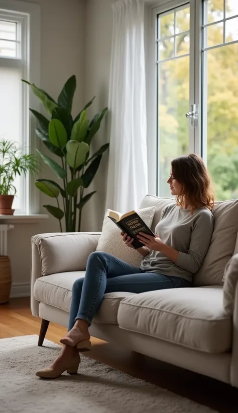 A modern living room with a person sitting comfortably on a couch, reading a book titled Meditations. The room is cozy and filled with natural light. There are plants and minimalistic decor, creating a peaceful environment. This setting reflects the idea o...