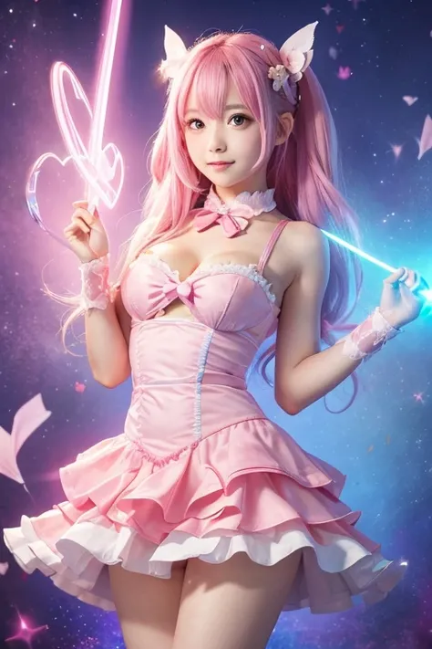 High resolution, 4K,Girl with pink hair, Small breasts, ゴージャスなMagical girlの衣装, Pink Eyes, Well-formed face, Pink dress with ribbons and frills, I have a magic wand in my hand, The tip of the wand is a glowing pink heart., Designed to look like a bow and ar...