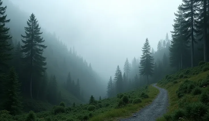 Misty high forest scenery, trail, small gravel trail, misty forest, dark misty forest background, gray forest background, dark pine trees, forested, soft forest background, gray forest in the background, misty forest scene, vast forest, photo nebula 8k, Da...