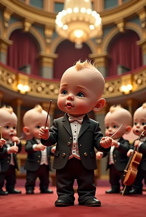 A newborn baby dressed as a real orchestra player, and behind him are newborn babies playing flutes, violins and drums inside a large hall, just like in real life. 