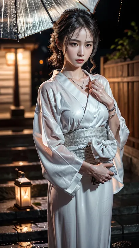 (RAW shooting:1.5, Photoreal, 8K, highest quality, masterpiece, ultra high resolution), ((Summer Night Rain)), perfect dynamic composition:1.2, (In front of a shrine at night in a modern city, expression of sadness:0.9, Tears are flowing:0.9, cry with a br...