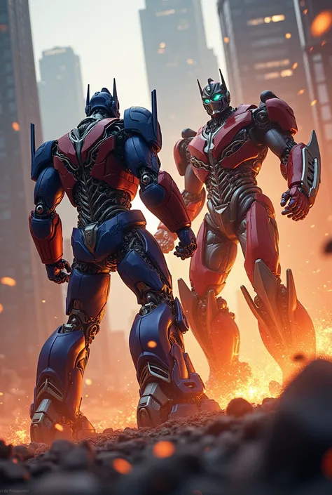 Optimus Prime, Thanos, mecha robot armor, sci-fi, epic battle, cinematic lighting, highly detailed, 8K, hyper realistic, intricate mechanics, metallic surfaces, dramatic poses, intense expressions, powerful energy effects, dynamic composition, rich color p...